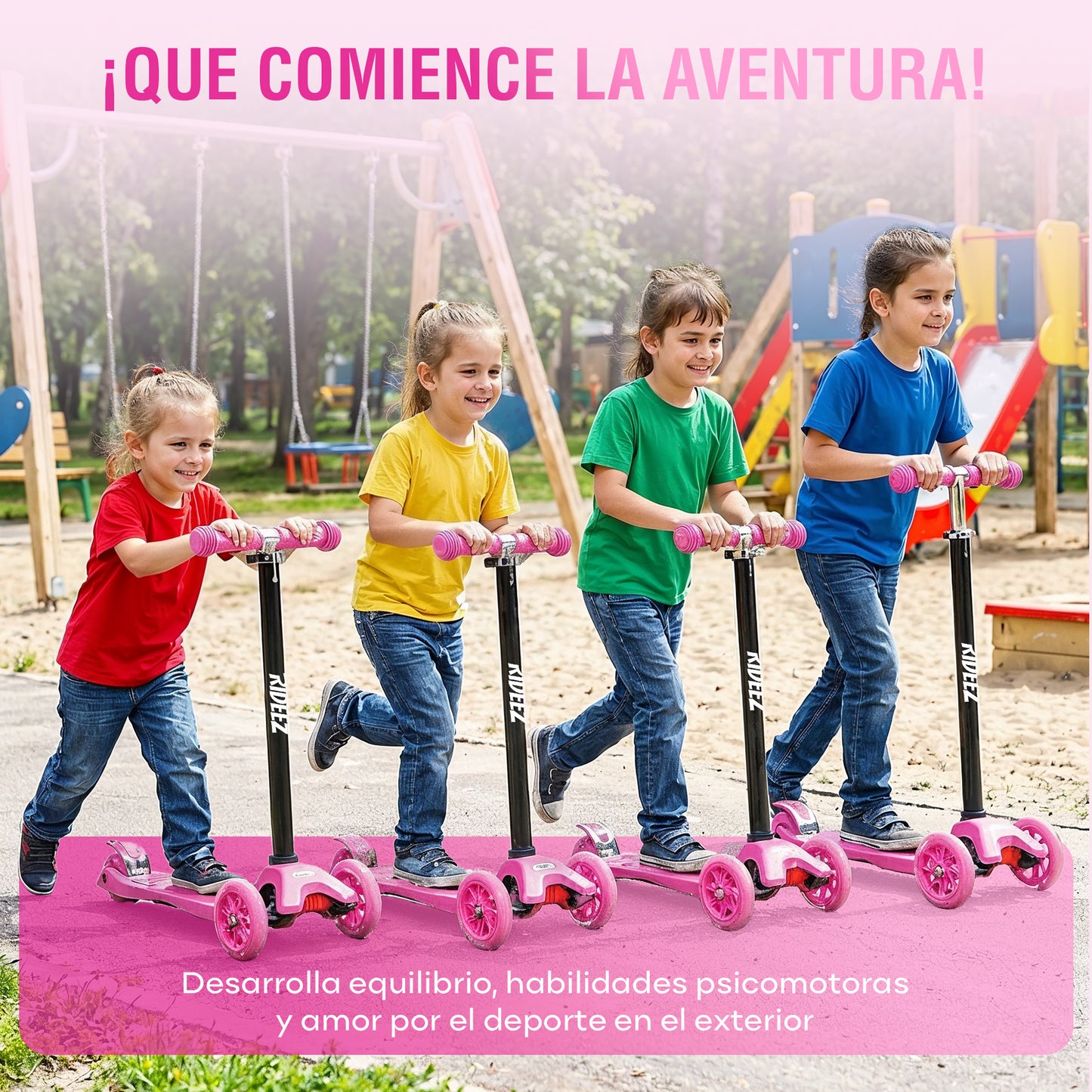RIDEEZ Scooter Fun Patín del Diablo para Niños 2 a 6 Años - Montable de Aprendizaje y Equilibrio Ajustable de 3 Ruedas con Luces LED, Diseño Ligero y Sistema de Seguridad Antivuelco Soporte 60 kg