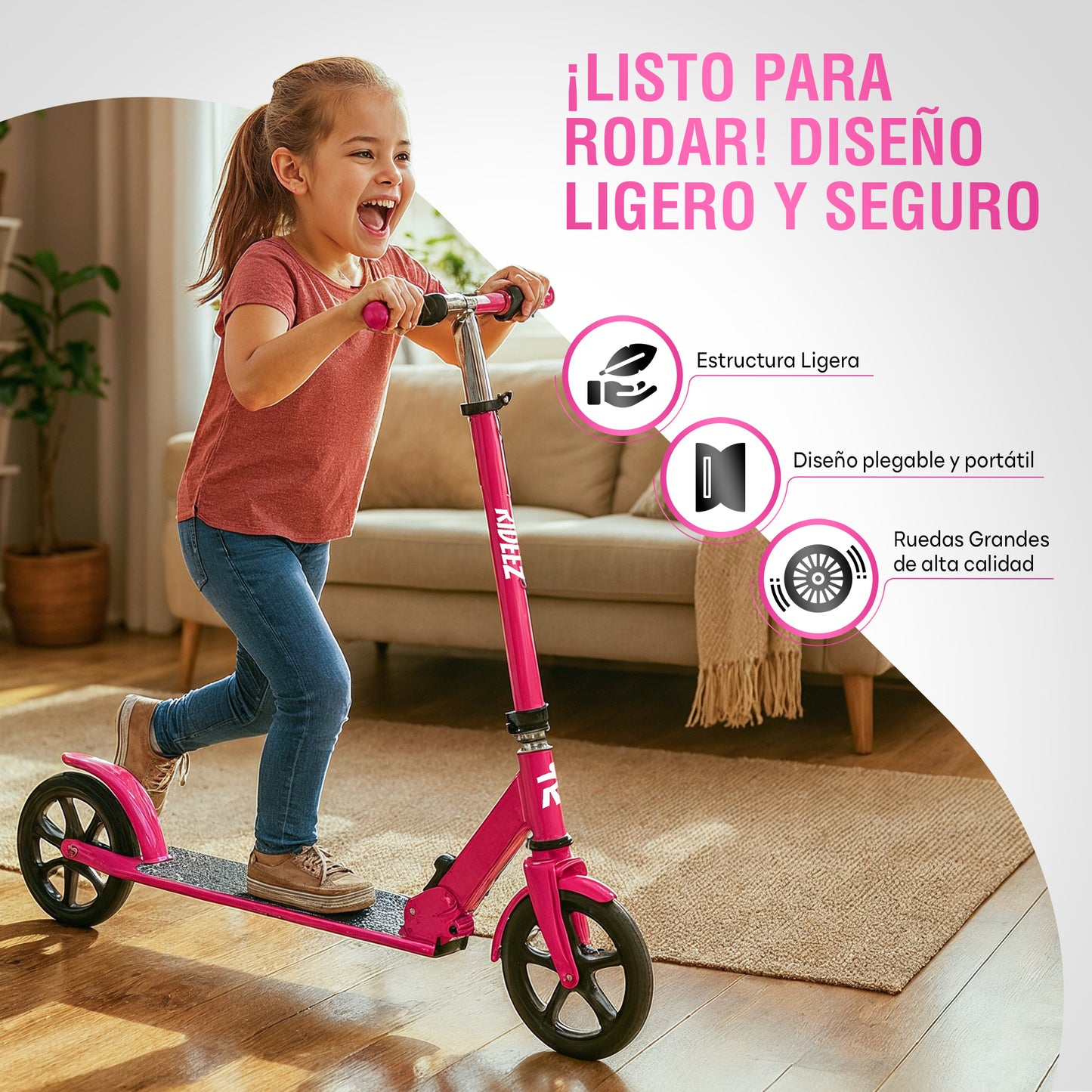 RIDEEZ Scooter Pro Patín del Diablo Plegable para Niños de 5 a 12+ Años y Adultos - Scooter Patin del Diablo con Ruedas de 22cm, Ruedas de Uso Rudo y Manubrio Ajustable