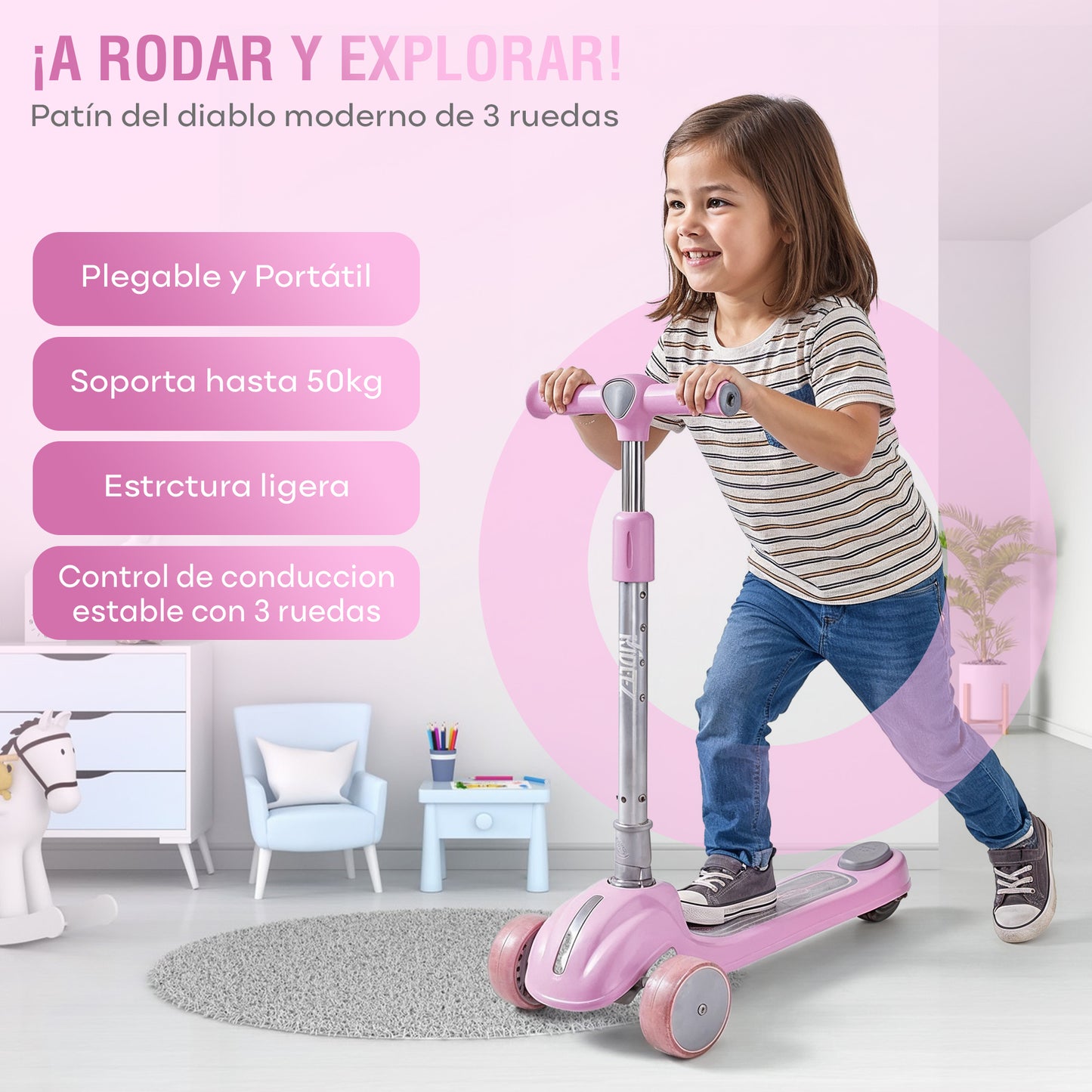 RIDEEZ Scooter Sports para Niños, Scooter Infantil Plegable de 3 Ruedas con Luces, Freno Trasero y Altura Ajustable