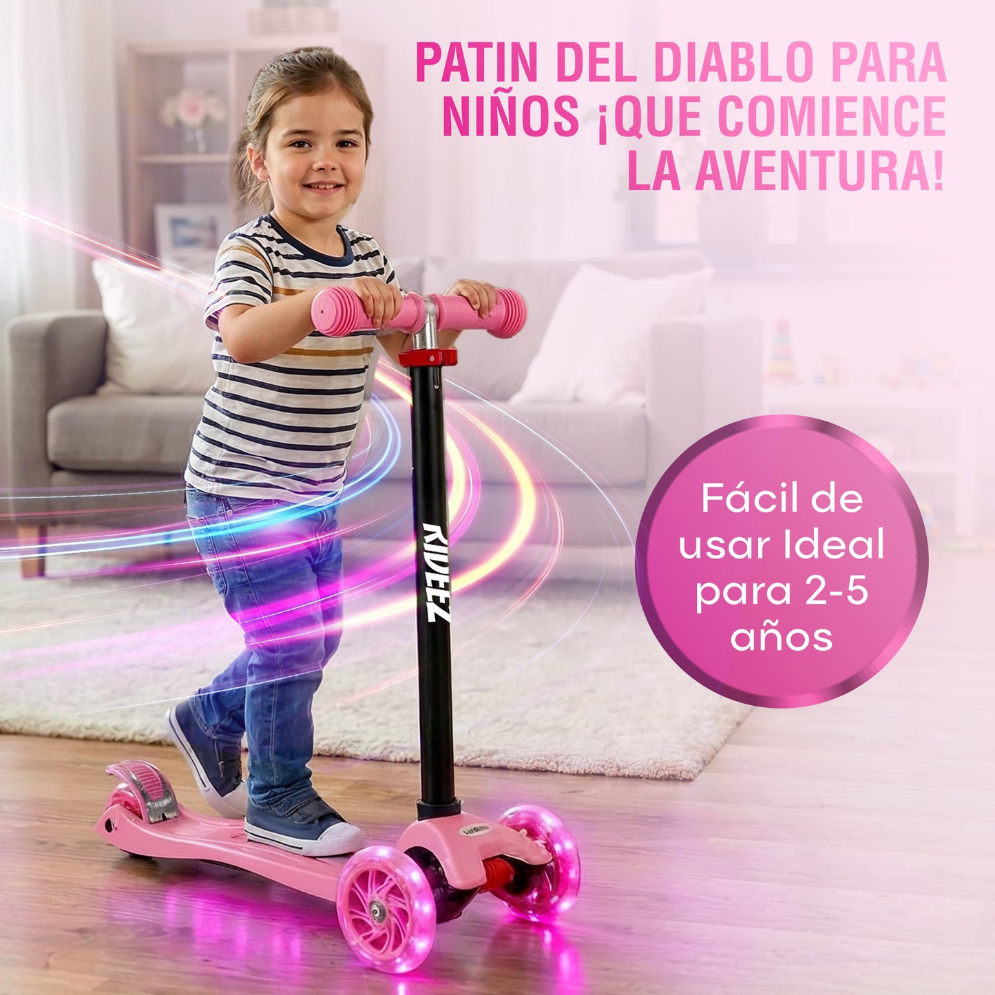RIDEEZ Scooter Fun Patín del Diablo para Niños 2 a 6 Años - Montable de Aprendizaje y Equilibrio Ajustable de 3 Ruedas con Luces LED, Diseño Ligero y Sistema de Seguridad Antivuelco Soporte 60 kg