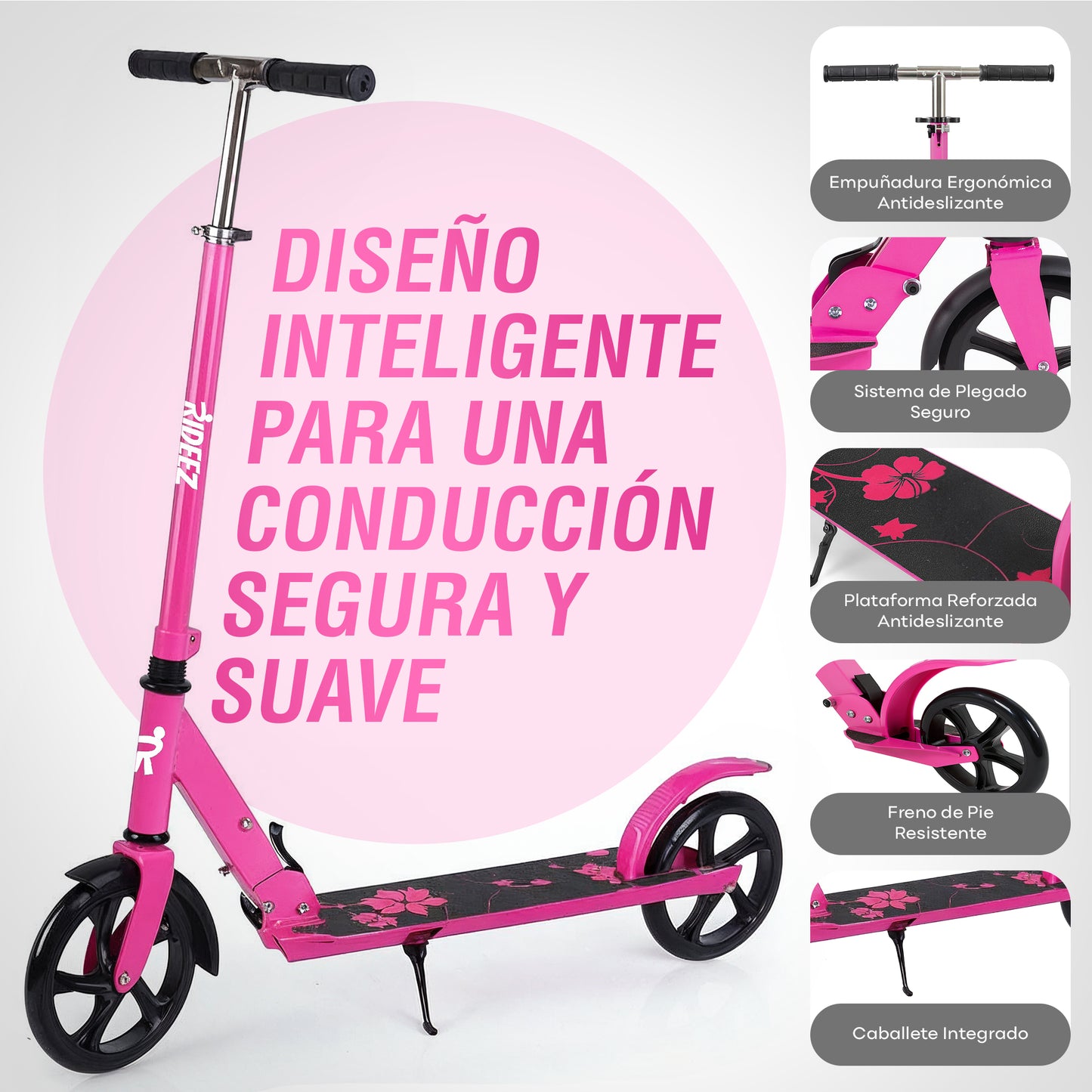 RIDEEZ Scooter Pro Patín del Diablo Plegable para Niños de 5 a 12+ Años y Adultos - Scooter Patin del Diablo con Ruedas de 22cm, Ruedas de Uso Rudo y Manubrio Ajustable