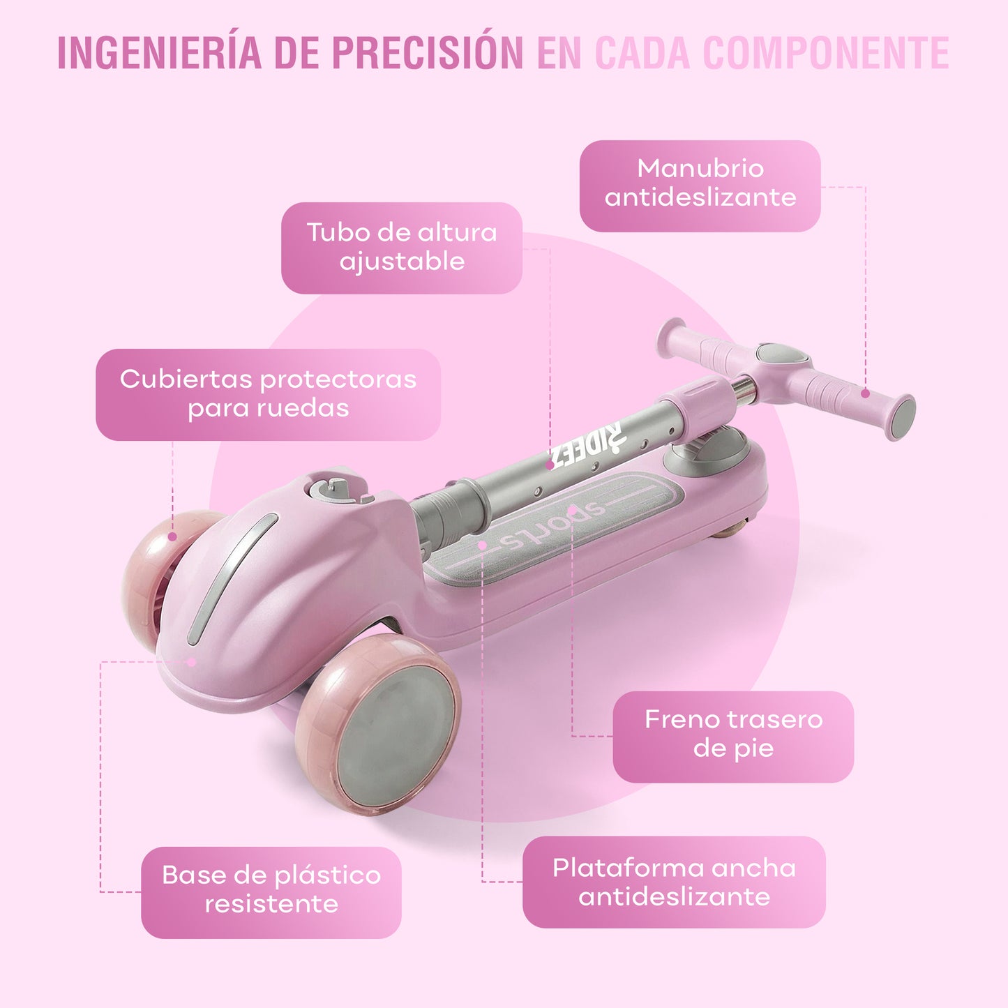 RIDEEZ Scooter Sports para Niños, Scooter Infantil Plegable de 3 Ruedas con Luces, Freno Trasero y Altura Ajustable