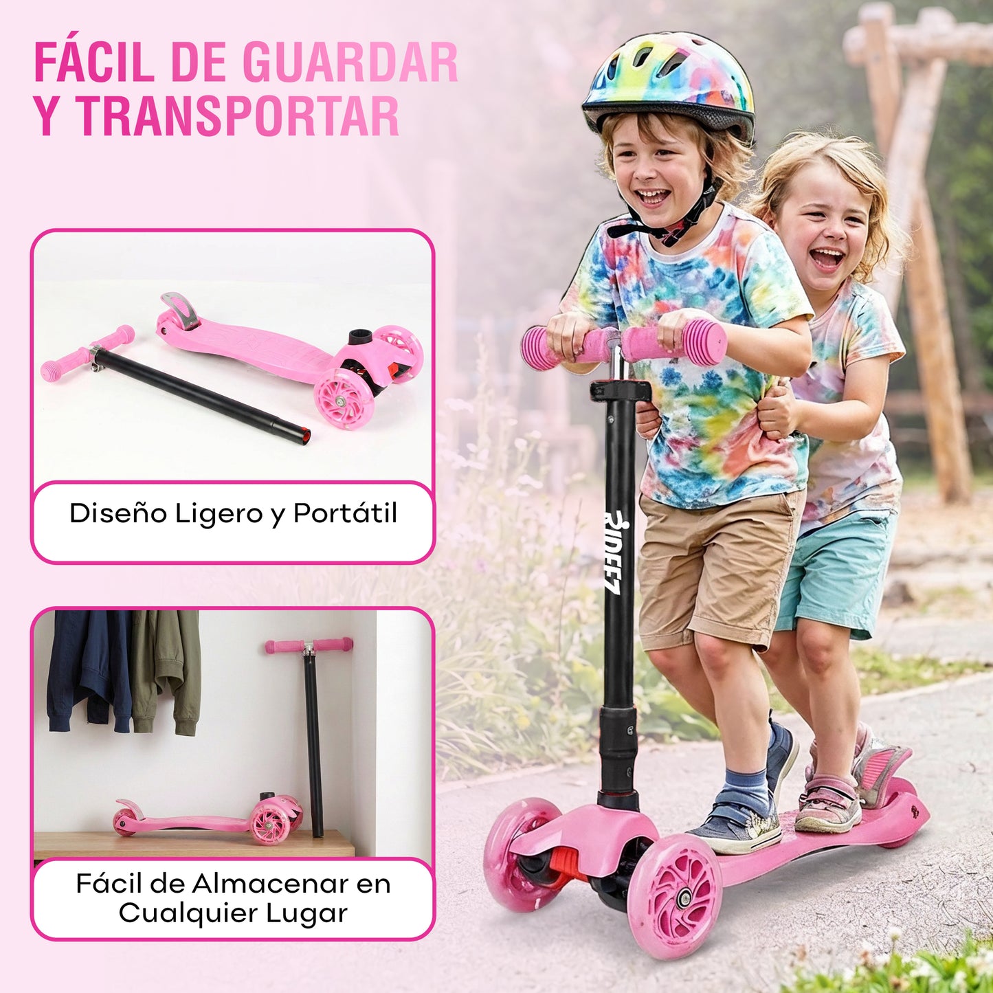 RIDEEZ Scooter Fun Patín del Diablo para Niños 2 a 6 Años - Montable de Aprendizaje y Equilibrio Ajustable de 3 Ruedas con Luces LED, Diseño Ligero y Sistema de Seguridad Antivuelco Soporte 60 kg