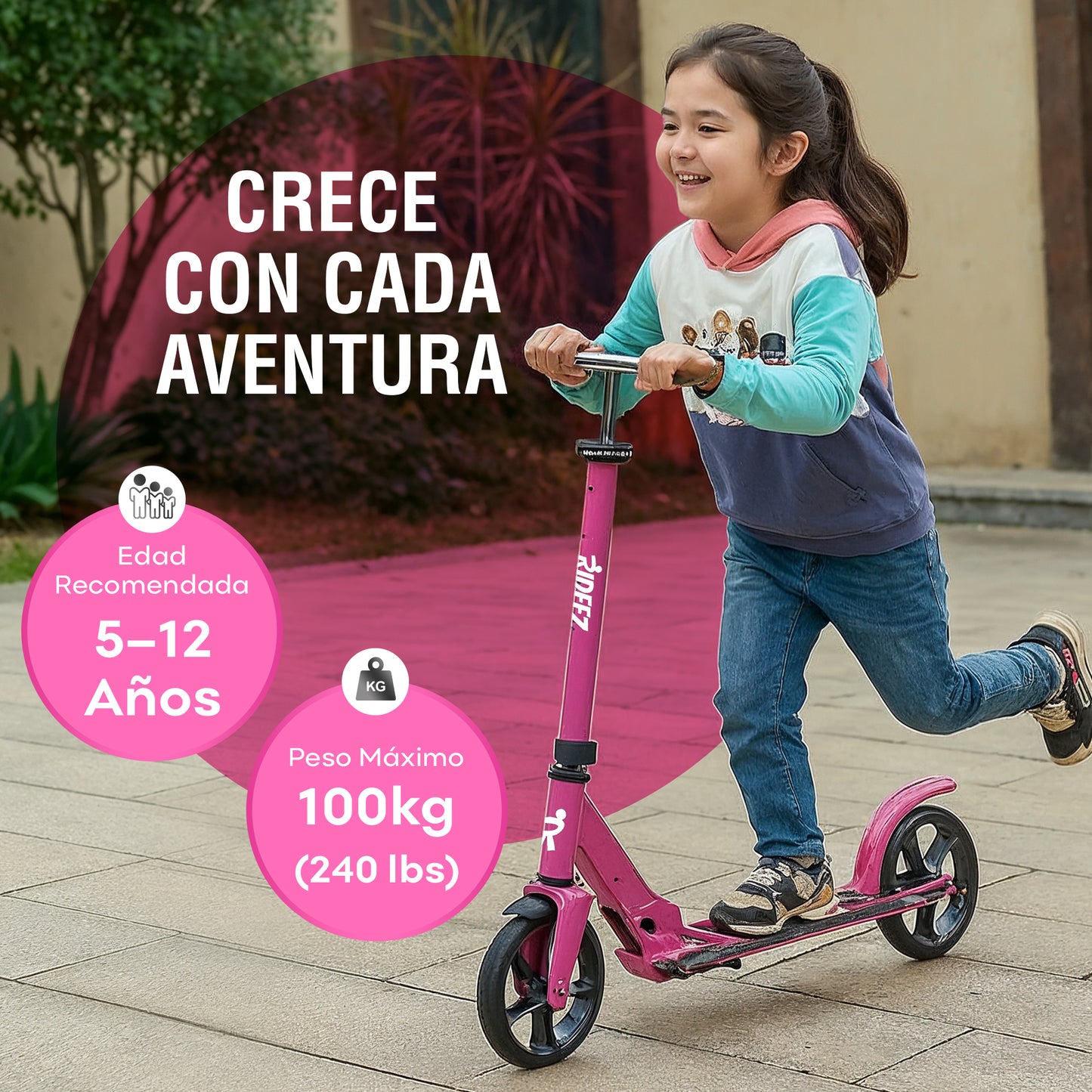RIDEEZ Scooter Pro Patín del Diablo Plegable para Niños de 5 a 12+ Años y Adultos - Scooter Patin del Diablo con Ruedas de 22cm, Ruedas de Uso Rudo y Manubrio Ajustable