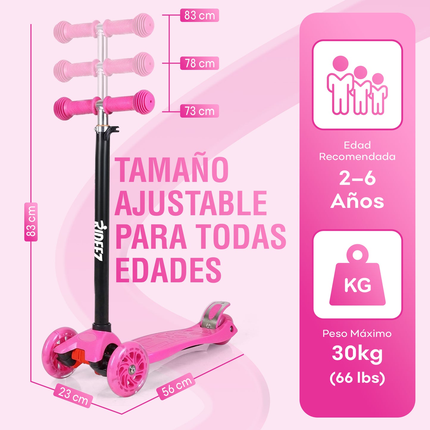 RIDEEZ Scooter Fun Patín del Diablo para Niños 2 a 6 Años - Montable de Aprendizaje y Equilibrio Ajustable de 3 Ruedas con Luces LED, Diseño Ligero y Sistema de Seguridad Antivuelco Soporte 60 kg