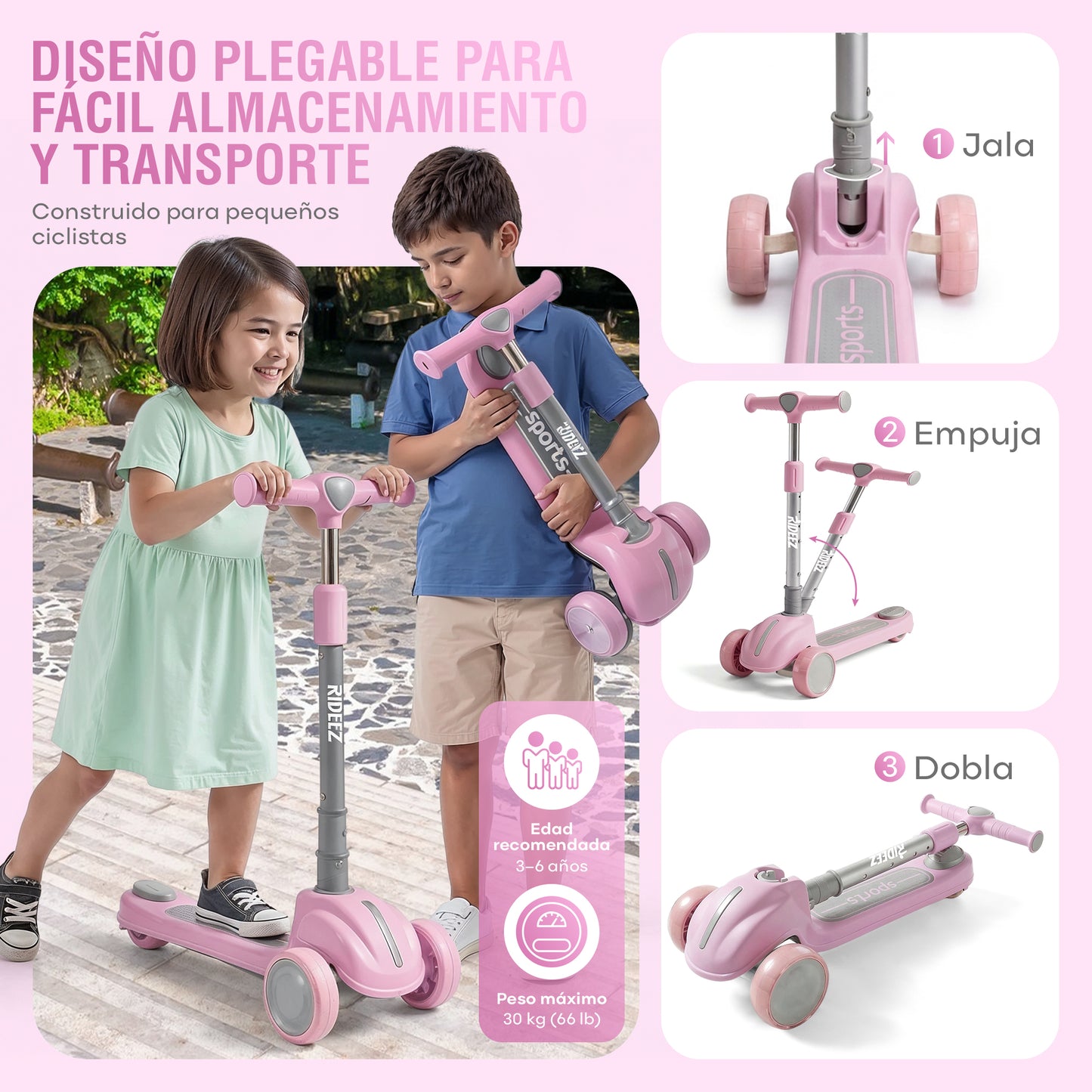RIDEEZ Scooter Sports para Niños, Scooter Infantil Plegable de 3 Ruedas con Luces, Freno Trasero y Altura Ajustable