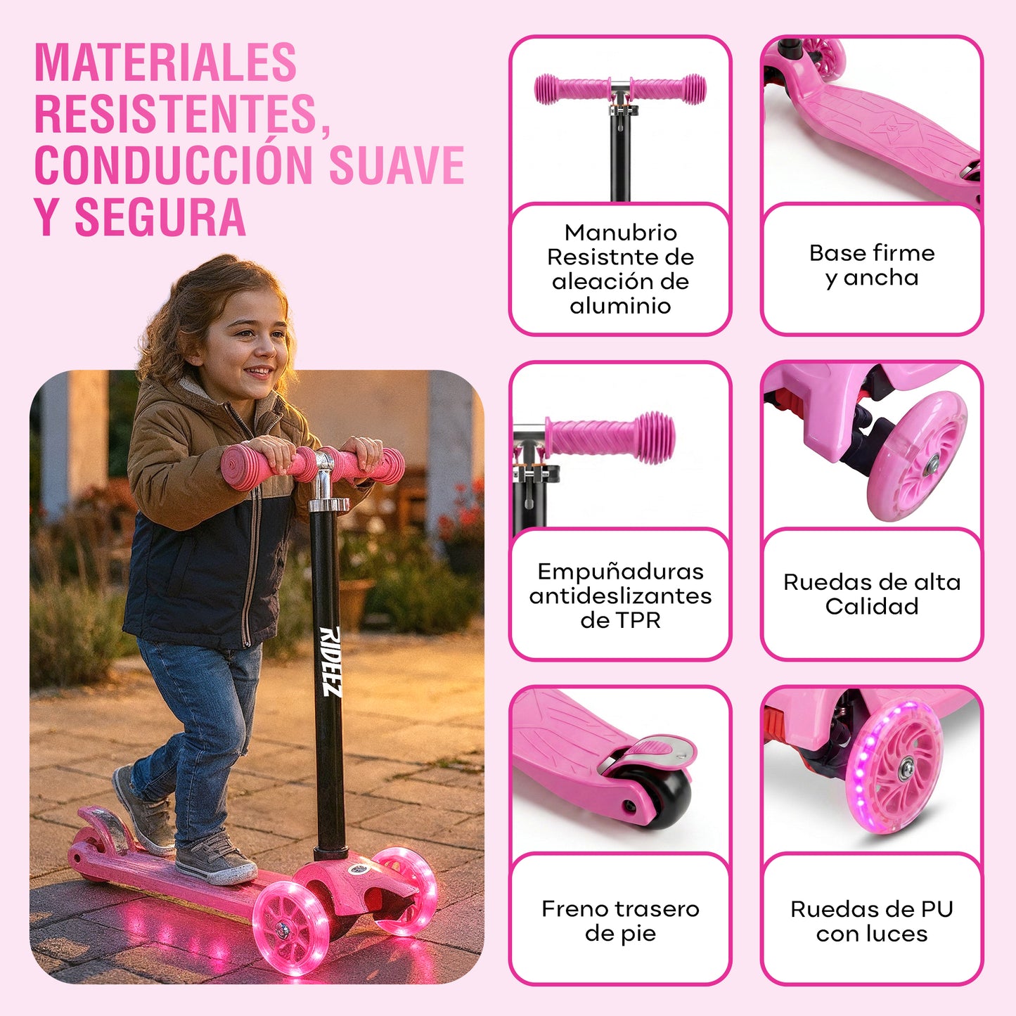 RIDEEZ Scooter Fun Patín del Diablo para Niños 2 a 6 Años - Montable de Aprendizaje y Equilibrio Ajustable de 3 Ruedas con Luces LED, Diseño Ligero y Sistema de Seguridad Antivuelco Soporte 60 kg