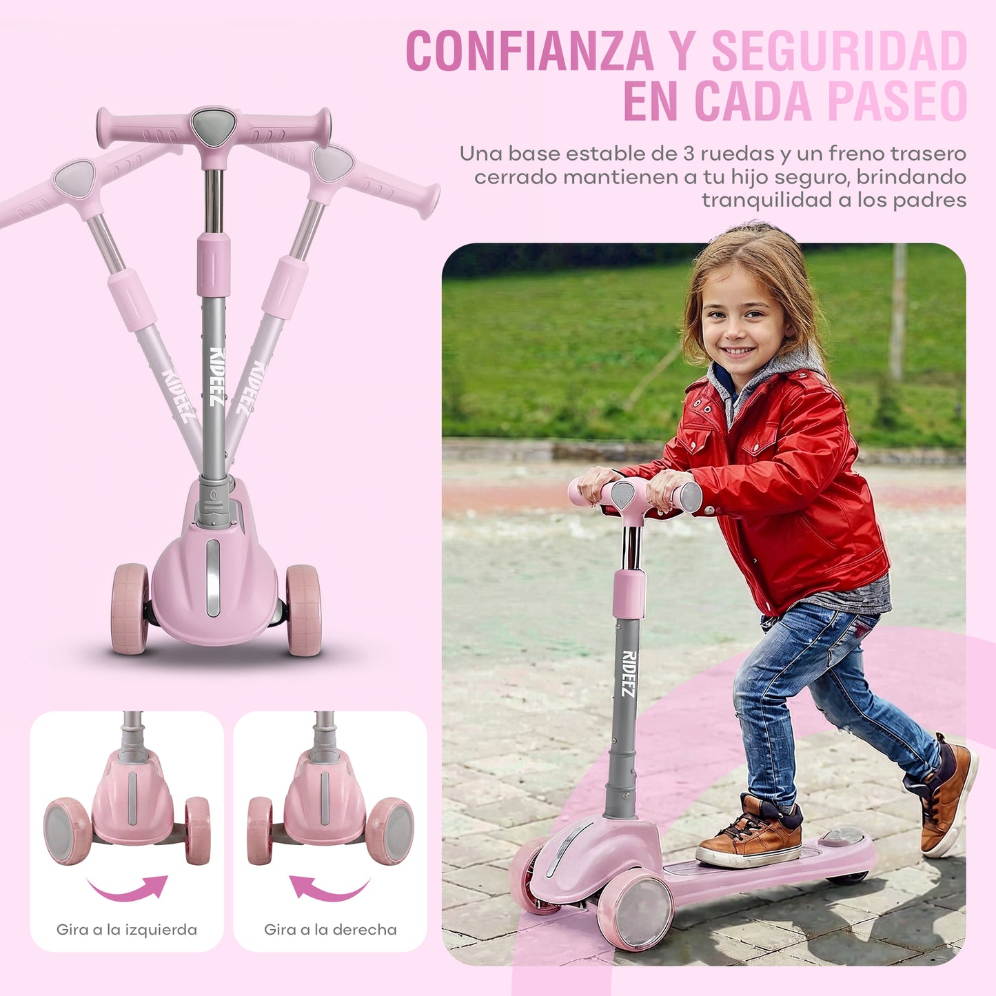 RIDEEZ Scooter Sports para Niños, Scooter Infantil Plegable de 3 Ruedas con Luces, Freno Trasero y Altura Ajustable