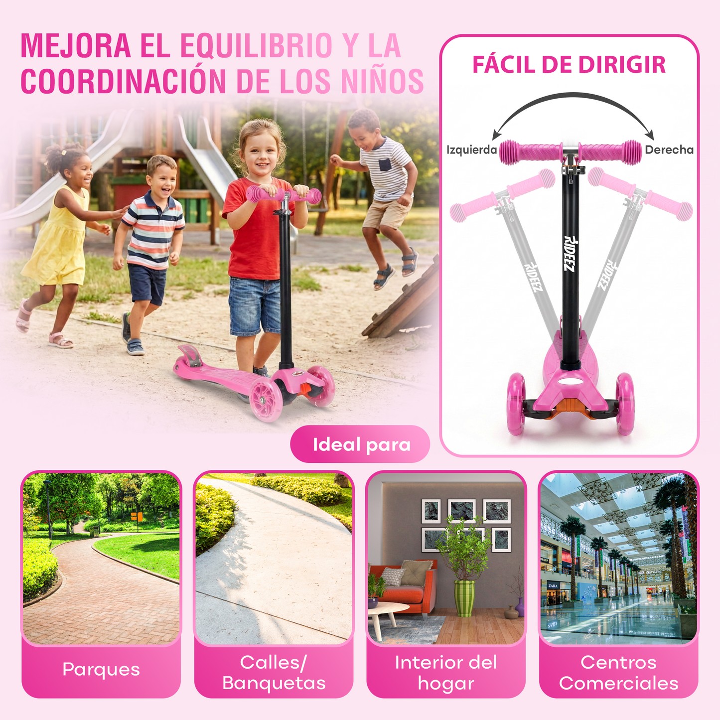 RIDEEZ Scooter Fun Patín del Diablo para Niños 2 a 6 Años - Montable de Aprendizaje y Equilibrio Ajustable de 3 Ruedas con Luces LED, Diseño Ligero y Sistema de Seguridad Antivuelco Soporte 60 kg