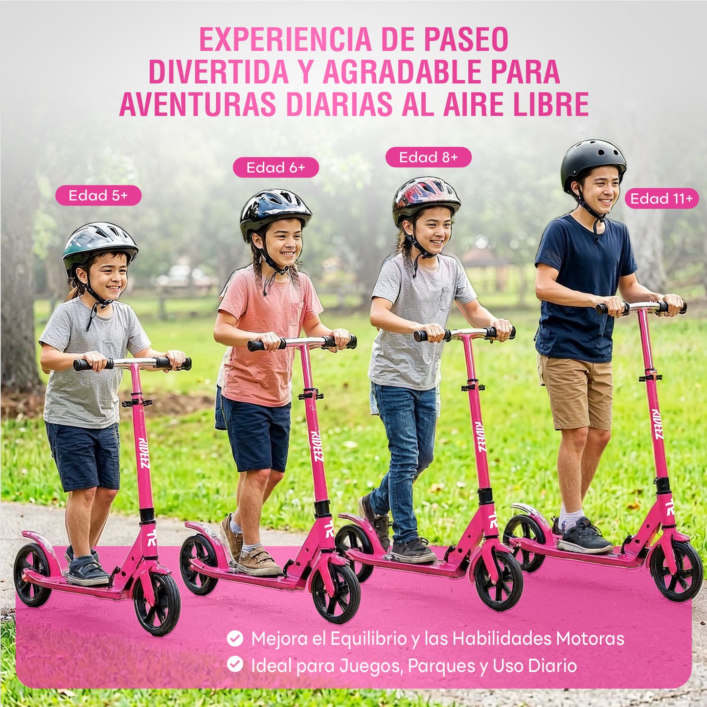 RIDEEZ Scooter Pro Patín del Diablo Plegable para Niños de 5 a 12+ Años y Adultos - Scooter Patin del Diablo con Ruedas de 22cm, Ruedas de Uso Rudo y Manubrio Ajustable