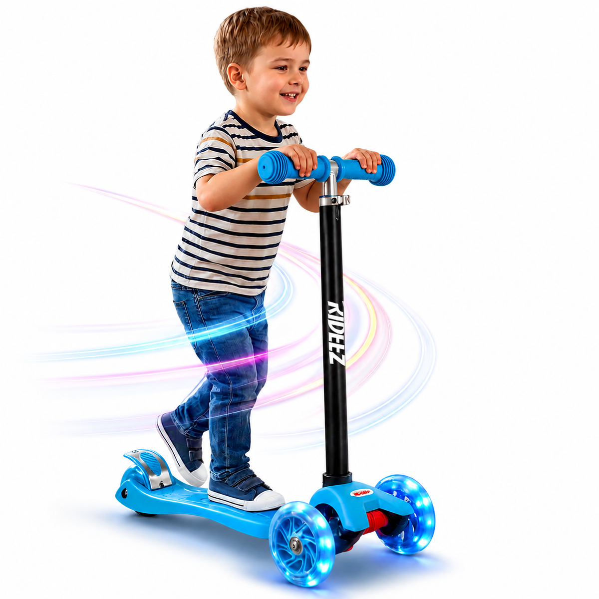 RIDEEZ Scooter Fun Patín del Diablo para Niños 2 a 6 Años - Montable de Aprendizaje y Equilibrio Ajustable de 3 Ruedas con Luces LED, Diseño Ligero y Sistema de Seguridad Antivuelco Soporte 60 kg